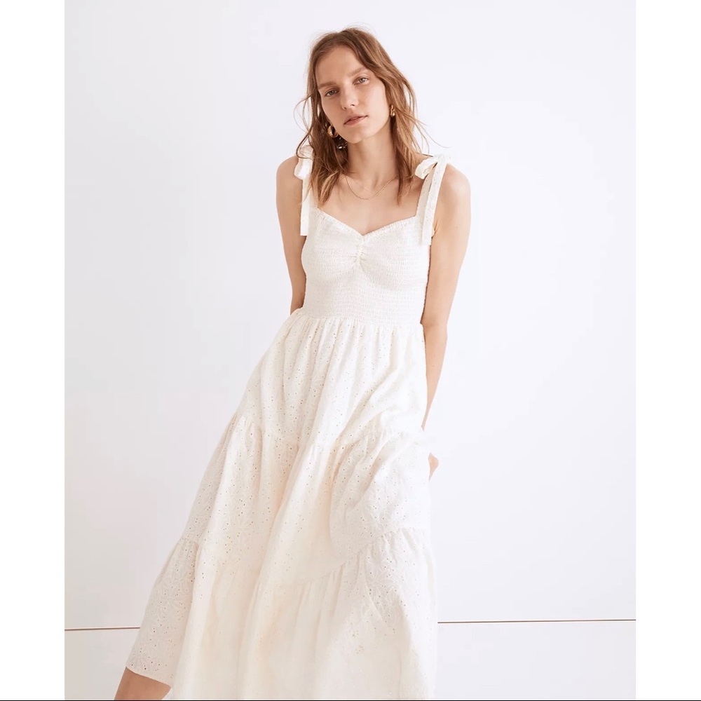 Madewell Eyelet Lucie Tie-Strap Tiered Midi Dress white/cream dress